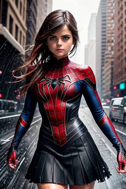 jenna louise coleman、マーベル・コミック映画のPoster, Very beautiful, movies about spiderman, sexy, whole body, I'm wearing a skirt、premiere date, Poster、belly buttonを突き出す、new york、she&#39;s wearing a torn spiderman suit,the suit is torn、Wearing a skirt、 Red and black color scheme,dynamic、masterpiece、highest quality、Ultra-detailed、Very detailed、A delicate and beautiful shine、超A high resolution、Cinematic,Break,Breakdrop,(Torn clothes:1.5), (Wet clothes:1.4), Bare shoulders,Real Rain,Wet Hair,belly button、Exposing Skin、sexyな肩を見せてる