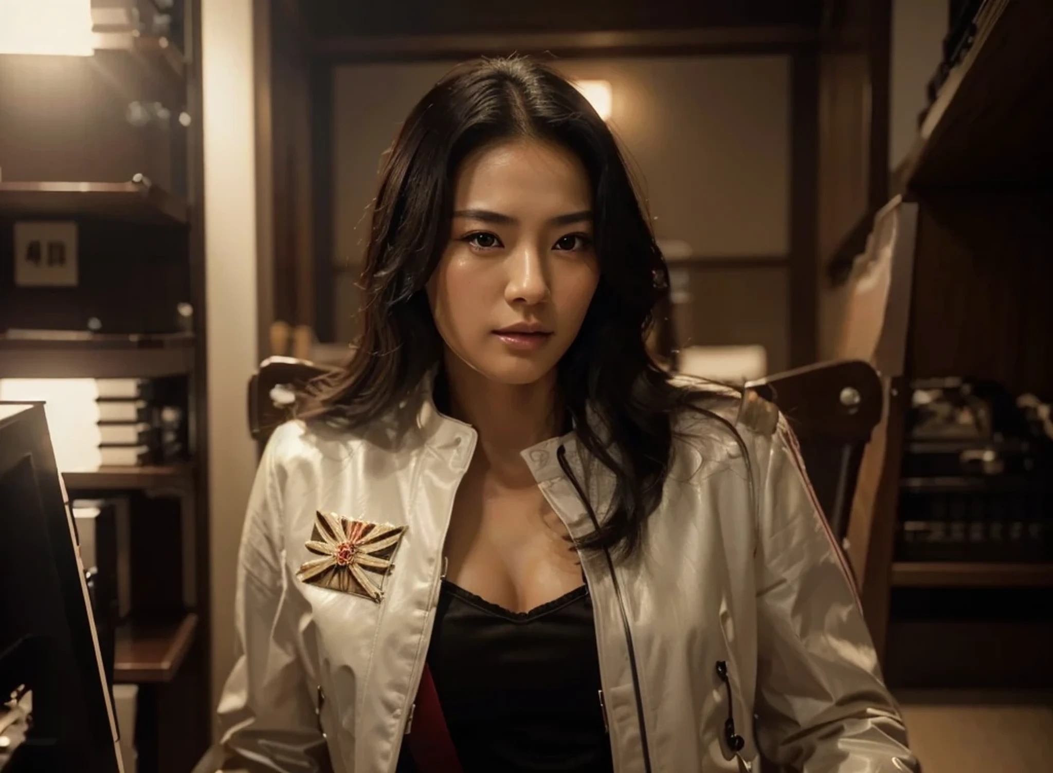 Beautiful adult Japanese woman, beautiful Japanese face with dark skin, black hair, white leather military uniform with Japanese symbols, is in an advanced intelligence office, with computer screens, servers, tubes and red lights, 4k, ultra image detailed, realistic, Highly detailed, perfect composition, splendid, Intricately detailed, Incredibly detailed, 8 k artistic photography, hyper detailed, Masterpiece, Ultra detailed, hyperrealistic, 4k, Ultra detailed image, realistic, Highly detailed, perfect composition, splendid, Intricately detailed, Incredibly detailed, 8K fine art photography, hyper detailed, Masterpiece