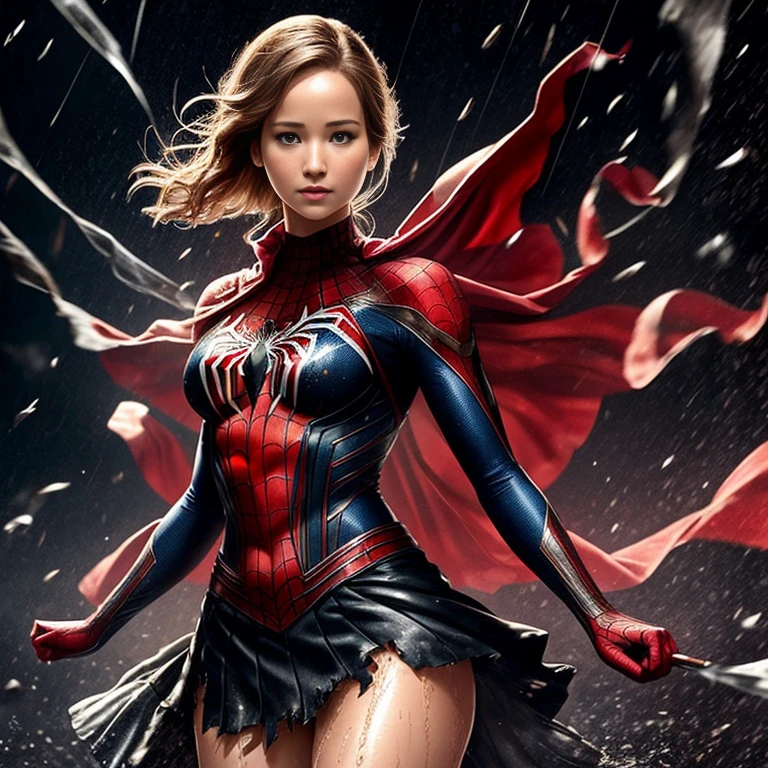 jennifer lawrence、マーベル・コミック映画のPoster, Very beautiful, movies about spiderman, sexy, whole body, I'm wearing a skirt、premiere date, Poster、belly buttonを突き出す、new york、she&#39;s wearing a torn spiderman suit,the suit is torn、Wearing a skirt、 Red and black color scheme,dynamic、masterpiece、highest quality、Ultra-detailed、Very detailed、A delicate and beautiful shine、超A high resolution、Cinematic,Break,Breakdrop,(Torn clothes:1.5), (Wet clothes:1.4), Bare shoulders,Real Rain,Wet Hair,belly button、Exposing Skin、sexyな肩を見せてる