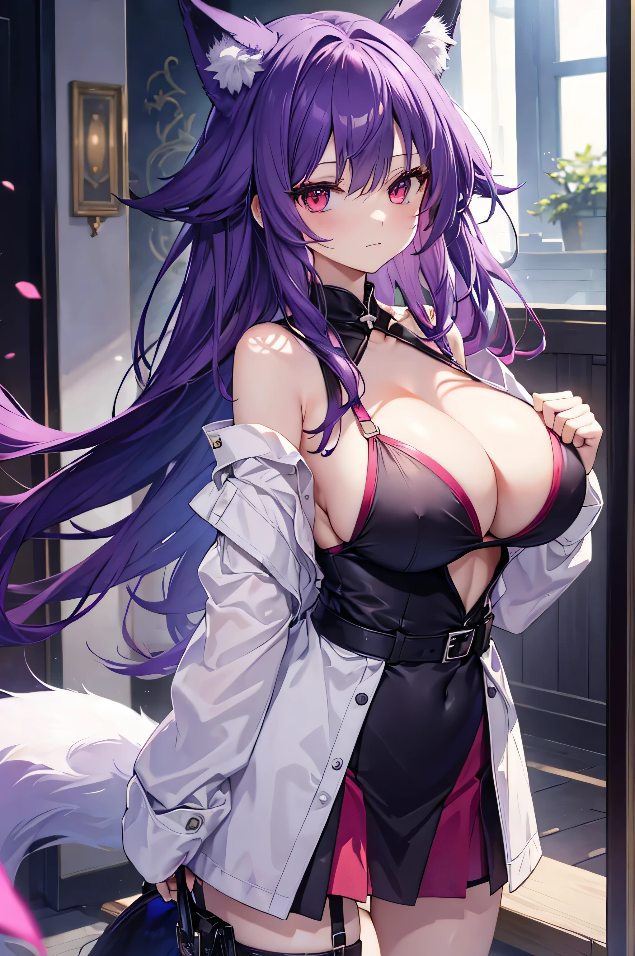 fox girl, big breasts, purple hair, masterpiece , red eyes, hd, Head to Chest, buried in my chest、underboob