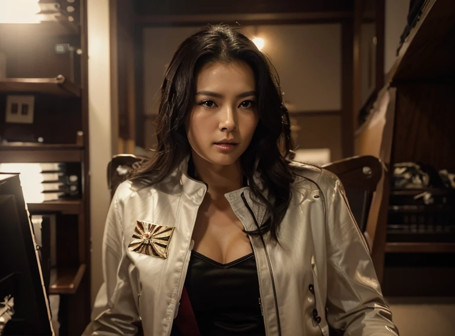 Beautiful adult Japanese woman, beautiful Japanese face with dark skin, black hair, white leather military uniform with Japanese symbols, is in an advanced intelligence office, with computer screens, servers, tubes and red lights, 4k, ultra image detailed, realistic, Highly detailed, perfect composition, splendid, Intricately detailed, Incredibly detailed, 8 k artistic photography, hyper detailed, Masterpiece, Ultra detailed, hyperrealistic, 4k, Ultra detailed image, realistic, Highly detailed, perfect composition, splendid, Intricately detailed, Incredibly detailed, 8K fine art photography, hyper detailed, Masterpiece