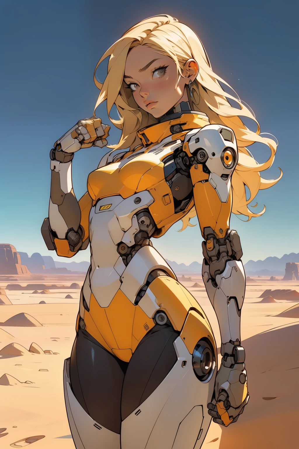 high quality, 4k, masterpiece, beautiful, cyborg girl, cowboy shot, dull eyes, front, looking at viewer, long blonde hair, girl, small breasts, fit thighs, robotic arms, robotic body, cyborg body, white & yellow uniform, orange accent, intricate detail, joint, detailed lines, robotic detail, holding fist up, holding hand up as fist, color robotic parts, robotic parts with color, perfect fingers, on a desert planet, sunny background, colorful desert, a river or a lake in the background, slender thighs, skinny thighs,