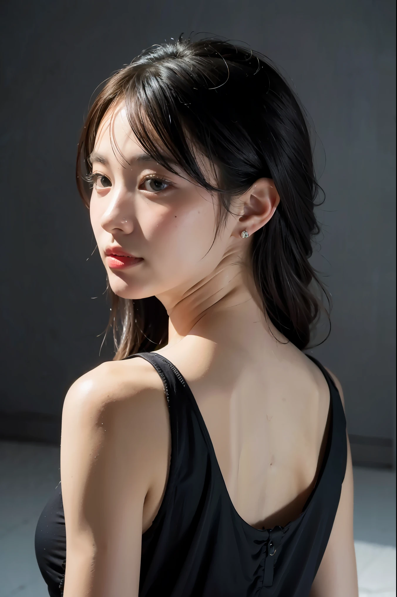 1girl, black dress, white background, perfect skin, perfect face, 4K, high resolution,