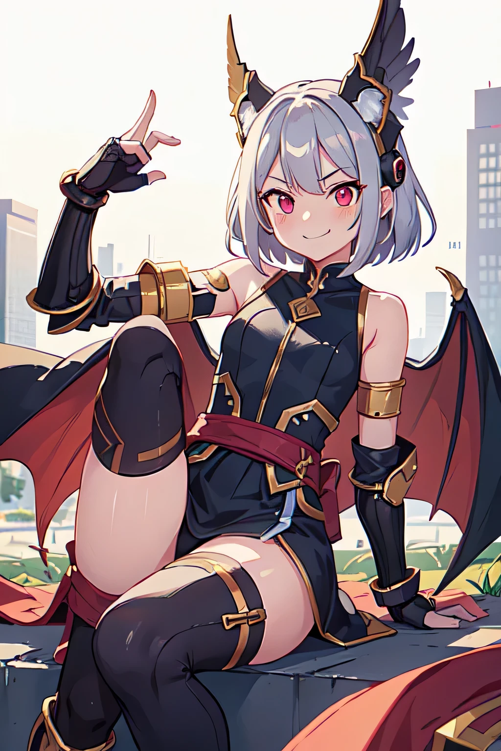 8K, 1girl, petit, adult. kawaii slimegirl, crimson hair, short hair, red eyes, fang, bat wings, smile, (blush), (shy), pointed ears, looking at viewer,  dynamic angle, wind, game cg, fantastic scenery, devil tail,  demon tail, thin tail, black horns, medium breast, show full body, disgaea, nippon ichi, nis america, etna, laharl, flonn, anime, video game, asagi, Takehito Harada,  sexy, skulls, demon skulls, fangs, plug suit, lolita