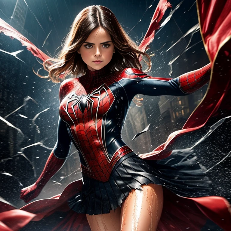 jenna louise coleman、マーベル・コミック映画のPoster, Very beautiful, movies about spiderman, sexy, whole body, I'm wearing a skirt、premiere date, Poster、belly buttonを突き出す、new york、she&#39;s wearing a torn spiderman suit,the suit is torn、Wearing a skirt、 Red and black color scheme,dynamic、masterpiece、highest quality、Ultra-detailed、Very detailed、A delicate and beautiful shine、超A high resolution、Cinematic,Break,Breakdrop,(Torn clothes:1.5), (Wet clothes:1.4), Bare shoulders,Real Rain,Wet Hair,belly button、Exposing Skin、sexyな肩を見せてる