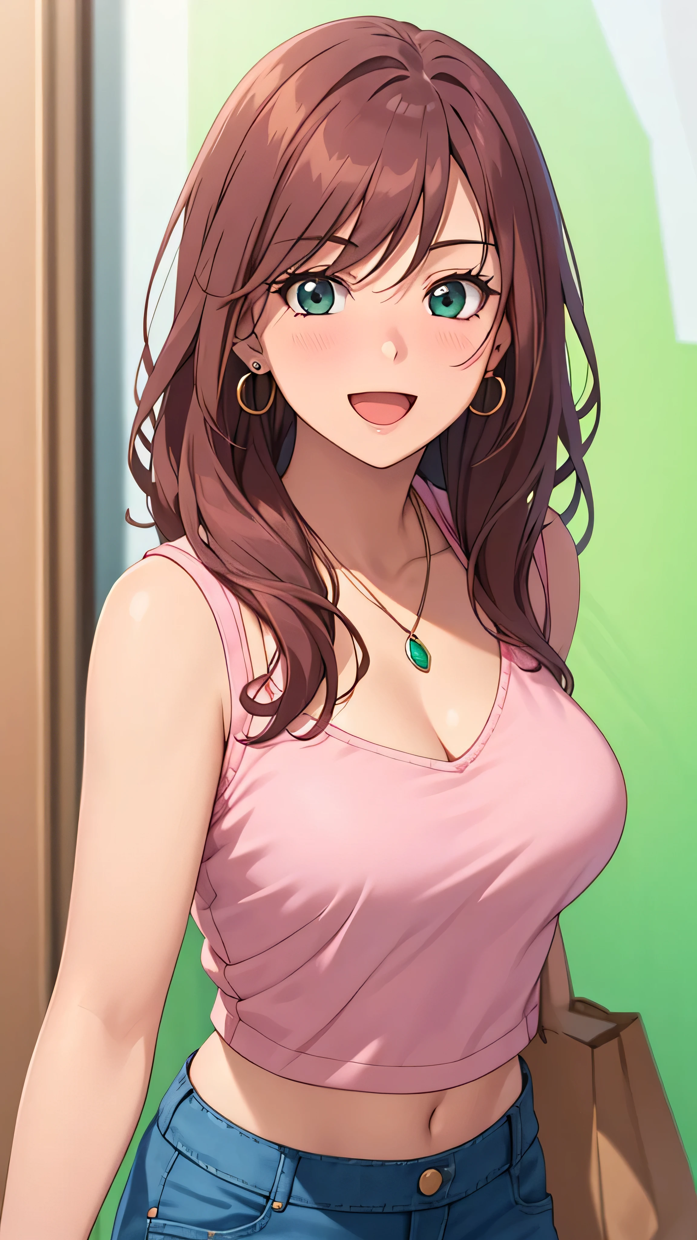 masterpiece, best quality, high resolution, UHD, RTX, pixel perfect, depth of field, 4k, highly detailed, 1 girl, single, solo, beautiful anime girls, beautiful art style, anime characters, long hair, parted bangs, middle part bangs hair, red hair, green eyes:1.4, round eyes, beautiful eyelashes, realistic eyes, detailed face, blush:1.2, fine texture:0.75, realistic texture:0.65, photorealistic:1.1, CG anime style, bright color, medium breasts , dynamic angle, perfect body, first point of view, dynamic pose, looking at the viewer, wearing a cute bra, cute shorts, fashionable, single handbag, 1 diamond necklace, cute earrings, warm smile, open mouth, shy, office space, lean forward