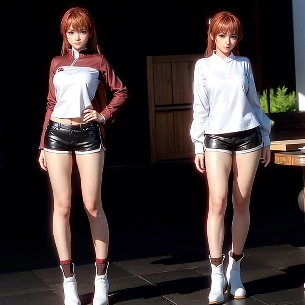 Kasumi, hair down, wearing a black fitted blouse with long sleeves, wearing red shorts, wearing brown ankle boots with white ankle socks