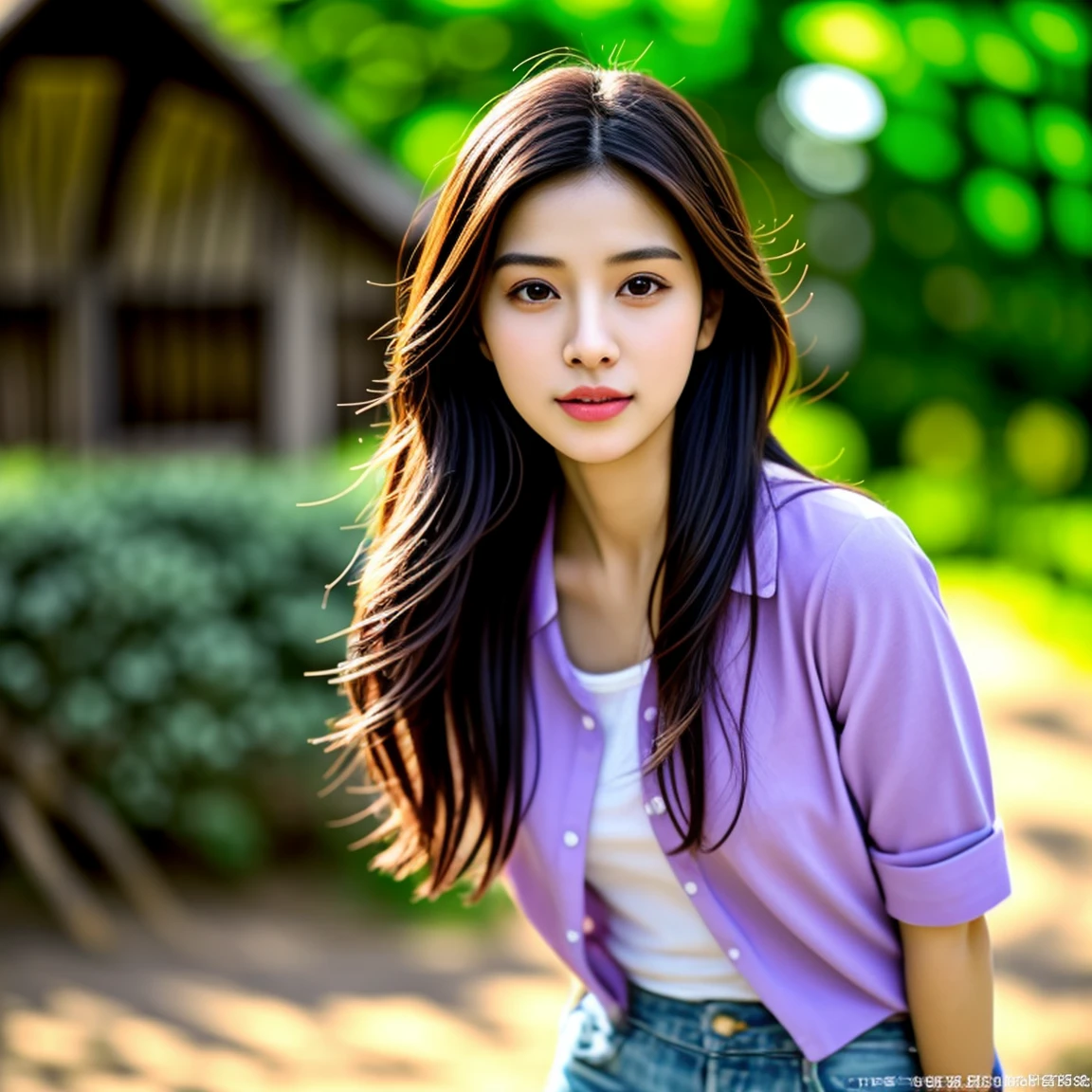 Young Asian woman, 25 years old,Wear a short jean jacket, pink shirt , Long hair blows up in the wind., Looking straight ahead, Action with various seductive poses, perfect body,)) Strong and healthy abdomen, In the countryside there are old thatched huts.,In the countryside there are old thatched huts.โทรมธรรมชาติ, The evening sunlight twinkled beautifully., 8K photos, Shot with a bright, high-quality Fuji camera. 45,000,000 pixels, Too realistic,