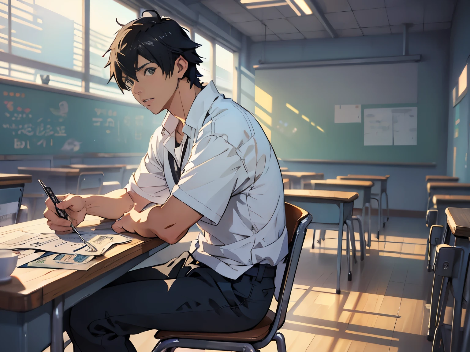 An anime character sitting in a chair with a classroom in the background., examen multijugador, examen 1.5, dollars flying in the air 2.2, (dinero volando a su alrededor: 1.5), hombre vestido con una camiseta blanca, fondo dentro del aula, sentado en un taburete, The camera is mainly the upper part of the body, loepfe&#39;s artistic style, ((makoto shinkai)), popular en cgstation, makoto shinkai. —h 2160, Loepfe Aesthetics, Loepfe, inspirado en Bian Shoumin, Loepfe hip hop, shinkai makoto, Planificado, estilo guvitz, alta calidad, 4k, 8k, resolution,  