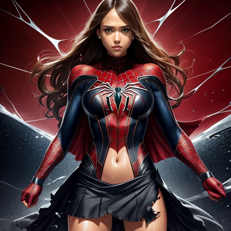 jessica alba、マーベル・コミック映画のPoster, Very beautiful, movies about spiderman, sexy, whole body, I'm wearing a skirt、premiere date, Poster、belly buttonを突き出す、new york、she's wearing a torn spiderman suit,the suit is torn、Wearing a skirt、 Red and black color scheme,dynamic、masterpiece、highest quality、Ultra-detailed、Very detailed、A delicate and beautiful shine、超A high resolution、Cinematic,Break,Breakdrop,(Torn clothes:1.5), (Wet clothes:1.4), Bare shoulders,Real Rain,Wet Hair,belly button、Exposing Skin、sexyな肩を見せてる