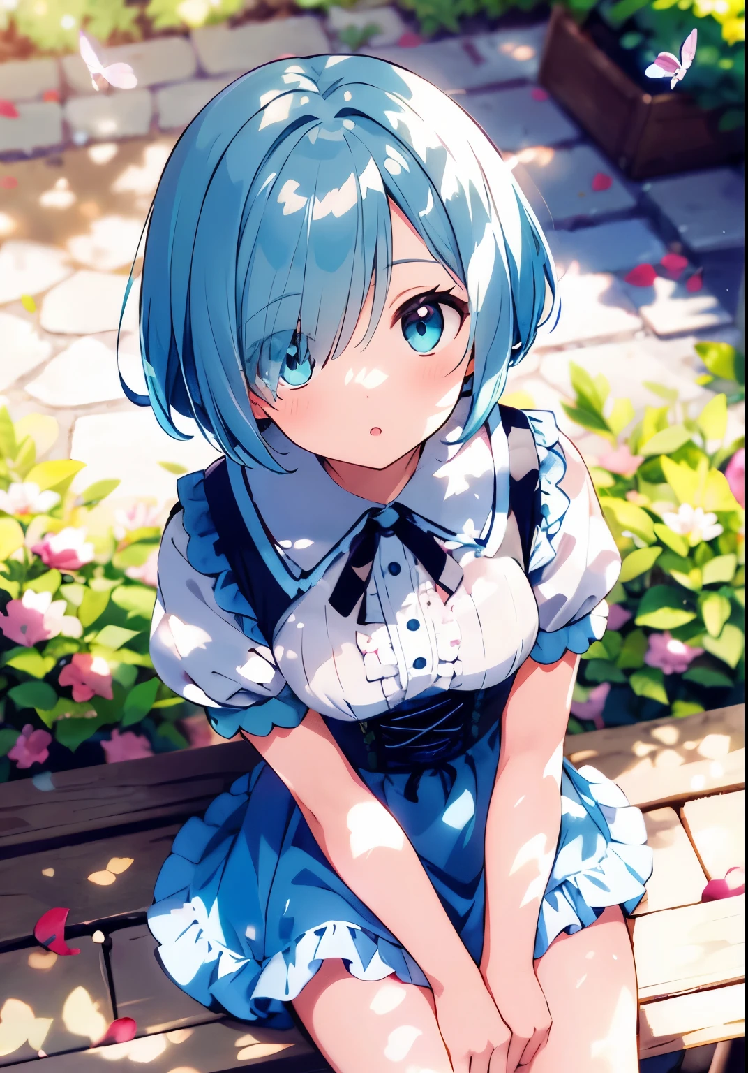 ((solo:1.2)),cute girl sitting on bench in garden,frilled dirndl,from above,looking up,cobblestone pavement,aqua hair,fine bob cut,(hair over one eye),(dappled sunlight:1.2),blurry,(depth of field:1.1),head tilt,:o,(petals),tree,butterfly, nude 