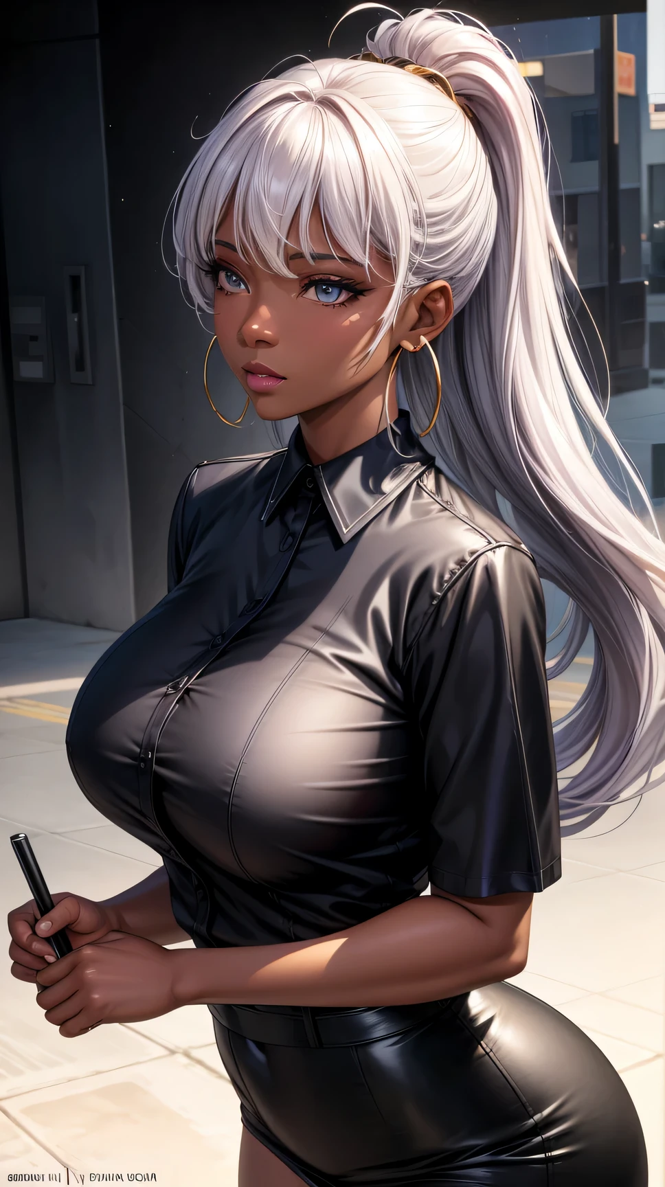 (best quality:1.5, highres, UHD, 4K, detailed lighting, shaders), gray floral haired, gradient hair, large breasts, suit, gray shirt, social shirt, black T-shirt, black skirt, mature woman , (pov), white background, colorful eyeshadow, dramatic lighting, sparkling eyes, sensual expression, golden earrings, flowing hair, delicate facial features, dark skin, high cheekbones, urban setting, white background,  behind  the camera