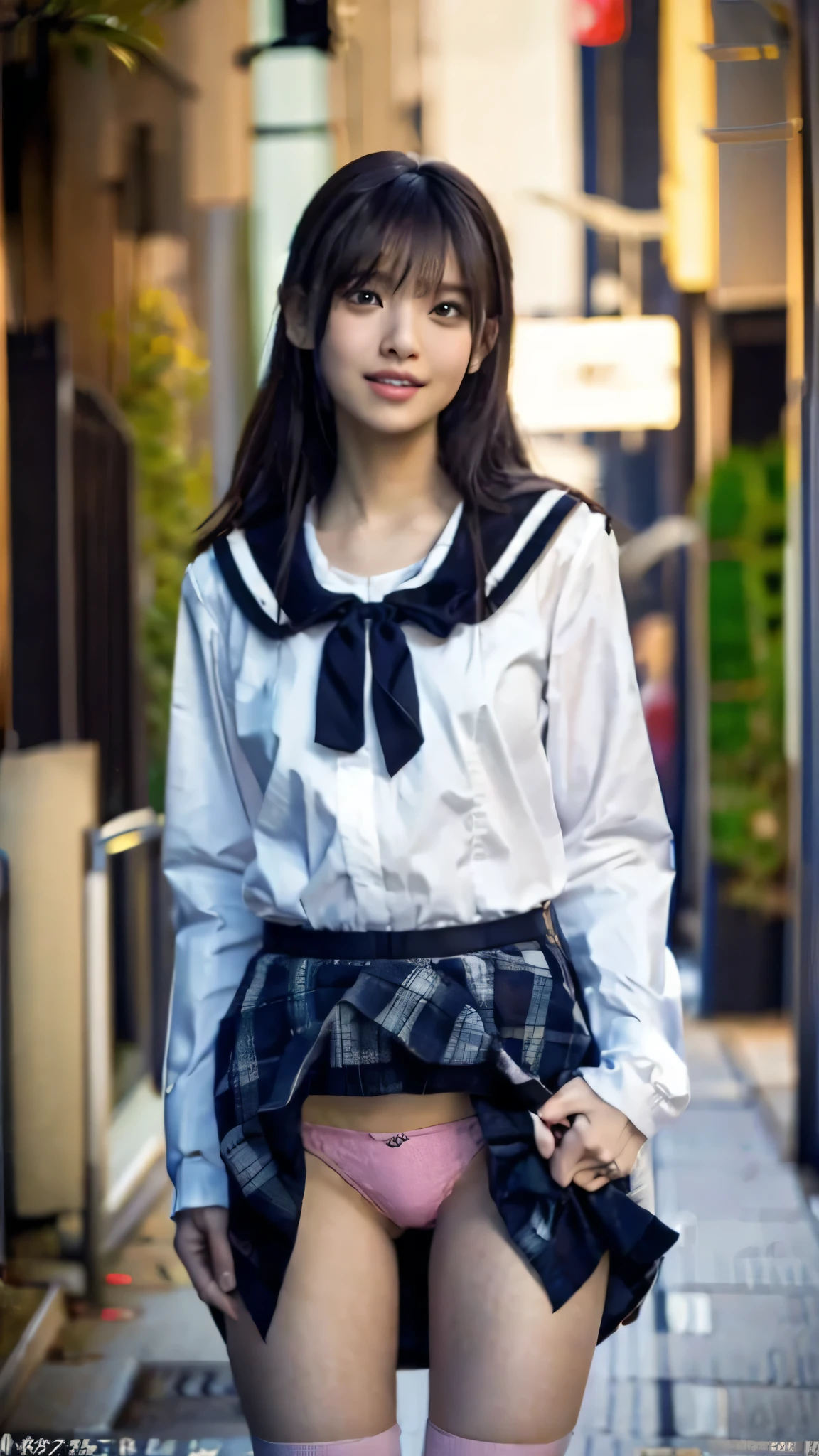 Highly detailed CG Unity 8K wallpaper、highest quality、super detailed、masterpiece、realistic、Photoreal、Highly detailed school girl、tailor uniform, -yeld、((t the skirt yourself)))、(I lifted it myself)、panties on、panties focus、blush、split lips、looking at the viewer、semi body shot、(a large crowd gathers)、(On the streets of Tokyo)、(((Get excited and show off your genitals )))