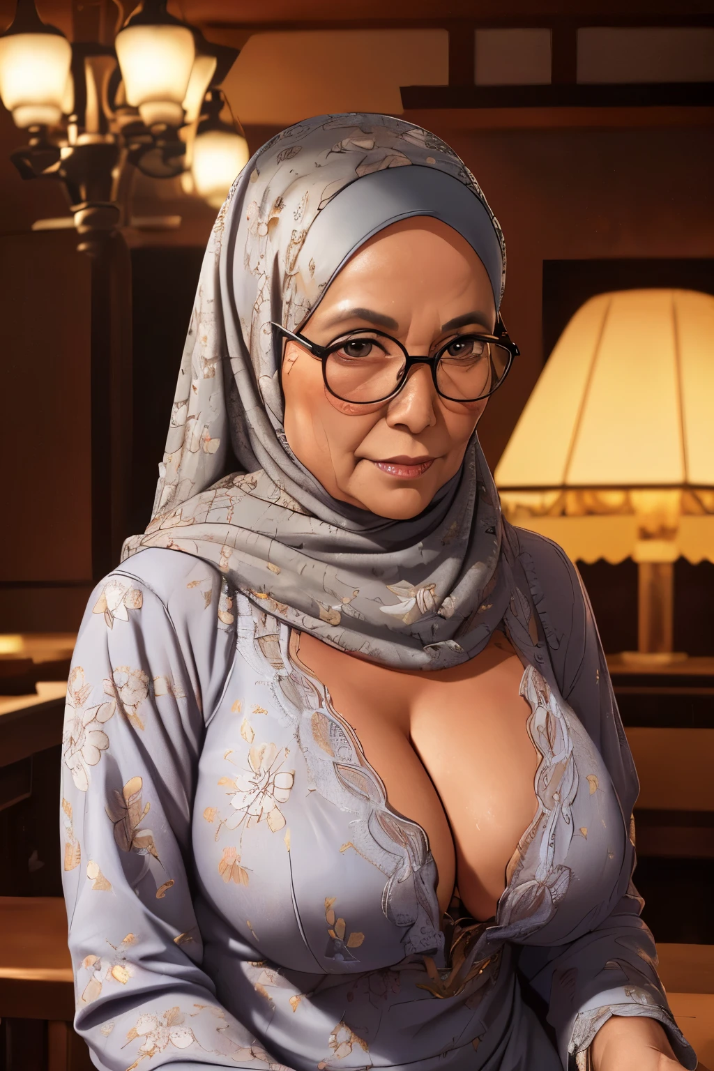 spectacles, ((Wering Lingerie Floral Pattern)), ((HIJAB)), 65 years old,(A MILF:1.2), a captivating gaze,long old gray hair,Brown eyes, (A lot of wrinkles on her face:1.4), (There are many wrinkles on her chest1.4),Old Woman, Detailed wrinkles (8K, High resolution,ultra-quality, An ultra-high picture quality,Ultrarealistic,Best Quality,masuter piece:1.2)(breasts are large,Large cleavage:1.1) ,(Old Woman in Indonesia), beauty dinner dress,eyes visible through hair, Proper eye position,Cinematic Light,Soft light,lower back,Night time,Soft moonlight,detailed color graded background,Convoluted, ighly detailed,8K,Overall silhouette,restaurant,Looking down, HEAVY BREASTS