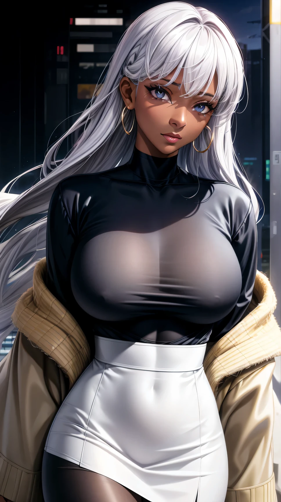 (best quality:1.5, highres, UHD, 4K, detailed lighting, shaders), gray floral haired, gradient hair, large breasts, suit, gray shirt, social shirt, black T-shirt, black skirt, mature woman , (pov), white background, colorful eyeshadow, dramatic lighting, sparkling eyes, sensual expression, golden earrings, flowing hair, delicate facial features, dark skin, high cheekbones, urban setting, white background, behind the camera