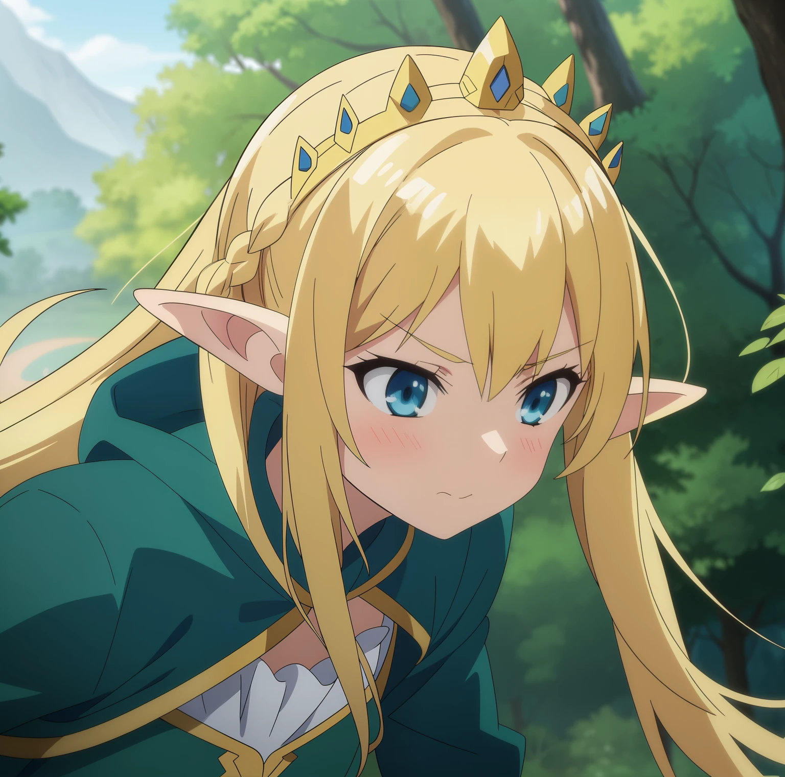 high quality, masterpiece. elf girl. Blonde hair. gloomy face. Blue eyes. green raincoat. crown on head. against the background of the forest and the sky.