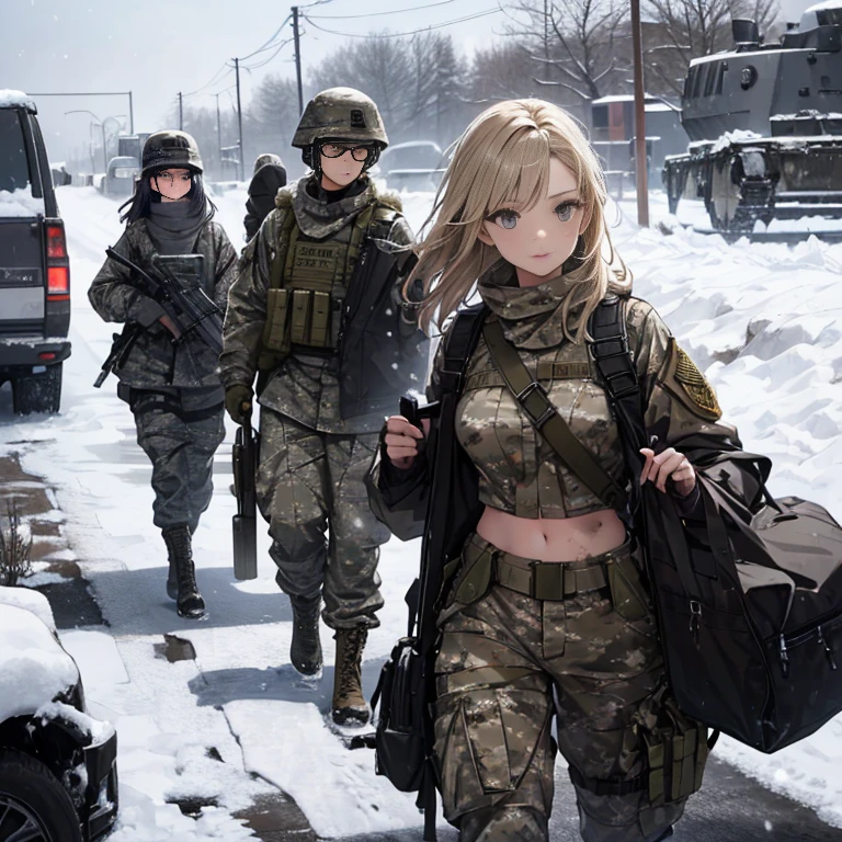 A group of  female soldiers, (in snow storm), various hair styles, tank top, harem, beautiful leg, midriff, camouflage military trousers, showings off armpits, seducing, bdsm, dirty