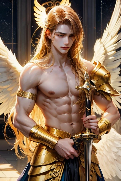 highest quality、male、golden long hair、Topless、Angel、Big Angel Wings、Light、have a sword、armor