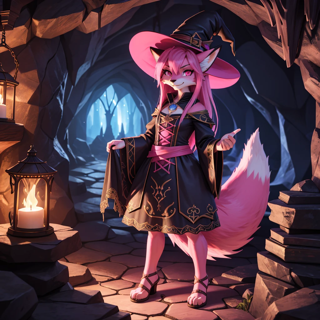 zoomed out image, full body portrait, fantasy character, high quality, highly detailed, 8k, unreal engine, 3d illustrated fantasy style, a pink haired female anthropomorphic fox, bright pink eyes, wearing a witch's hat and dress, mischievous look, evil smile, inside a dark cave, floating wispy pink magic