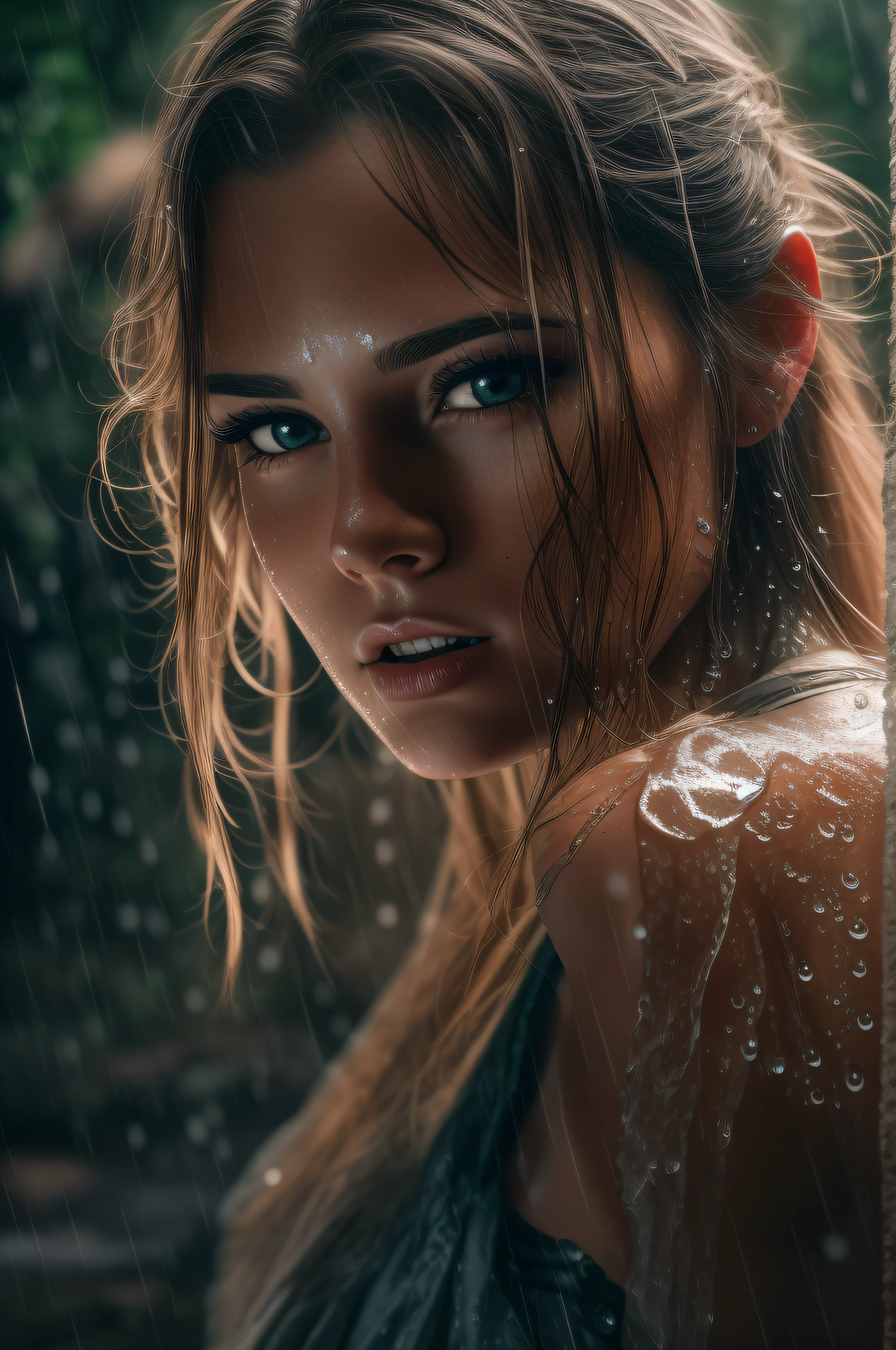 A highly realistic sunlight panoramic image of Tarzan passionately kissing pregnant blonde Jane, They are both half naked, vestidos com uma tanga curta de um homem primitivo, ambos parados pingando de suor. They are on the porch of their wooden cabin in the big jungle tree. High Definition Photography, ultra-realistic, Rei Tut, 4K, hiper-realista, textura afiada, Cor. Your face with bright water drops is illuminated by the sun. She stands in the flowing water of the river, a rosto perfeito model, Arabella mist divider, rosto perfeito), beautiful elegant lips, lindo rosto feminino, rosto feminino atraente!!!, lindo rosto feminino, linda maquiagem, rosto perfeito! todo molhado em uma noite chuvosa, olhar assustado, estranho, repugnante, ambiente escuro, Cinematic Lights, ultra sharp focus, Aerial view, vista alta, looking at the camera, Pingos de chuva.