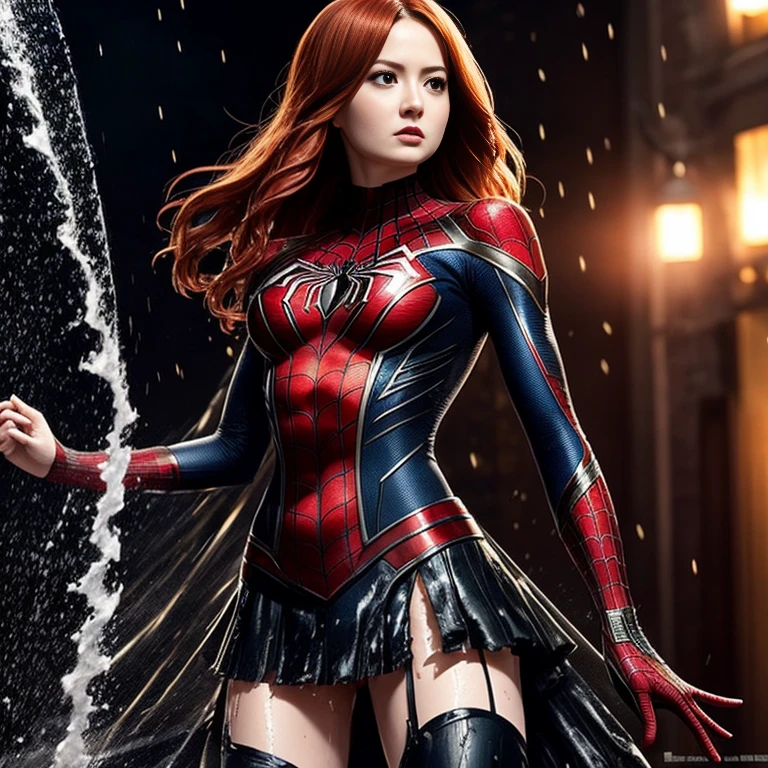 Karen Gillan、マーベル・コミック映画のPoster, Very beautiful, movies about spiderman, sexy, whole body, I'm wearing a skirt、premiere date, Poster、belly buttonを突き出す、new york、she's wearing a torn spiderman suit,the suit is torn、Wearing a skirt、 Red and black color scheme,dynamic、masterpiece、highest quality、Ultra-detailed、Very detailed、A delicate and beautiful shine、超A high resolution、Cinematic,Break,Breakdrop,(Torn clothes:1.5), (Wet clothes:1.4), Bare shoulders,Real Rain,Wet Hair,belly button、Exposing Skin、sexyな肩を見せてる
