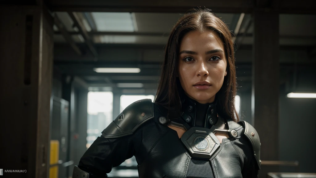 High Definition Character, ultra hd, 16:9, 8k, A woman of average height, com cerca de 1,70m de altura, your hair is long, de um tom castanho-avermelhado, His eyes are the color of honey, She has an athletic and toned appearance, Your face is marked by determined and expressive features, highlighting his courage and intelligence, has a magnetic presence. (Melhor qualidade), (obra de arte), (detalhado), rosto perfeito, corpo inteiro, Imagine female cyberpunk futuristic concept art with advanced nanotechnology that allows her to merge with the very fabric of the cyberpunk cityscape, Use um elegante, design futurista para capturar a natureza evolutiva da tecnologia e da humanidade, High definition character.