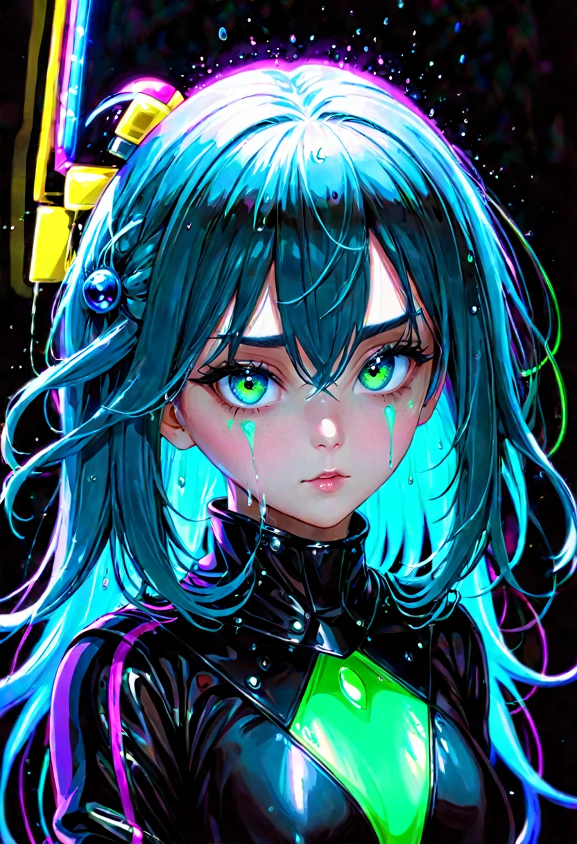 retrato | foto grande angular dos olhos voltados para um lado do quadro, lucid woman, sonhadora, olhando para longe ::8 estilo | daydreampunk with brilhante skin and eyes, estilizado em cocar, lindo, she&#39;s dripping with neon lights, very colorful Azul, verde, roxo, bioluminescent, brilhante ::8 fundo |alien girl,Alien
