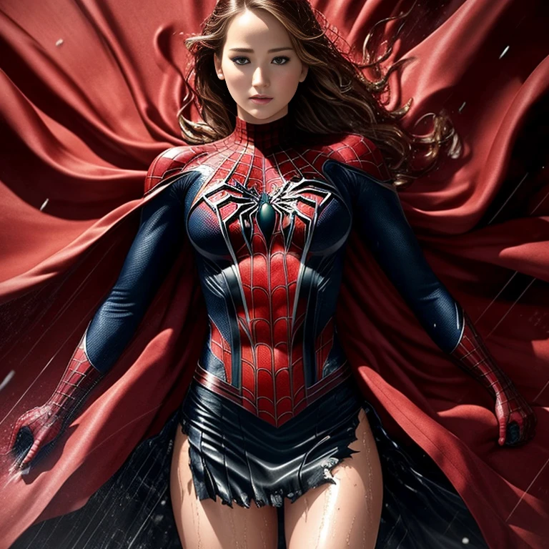 jennifer lawrence、マーベル・コミック映画のPoster, Very beautiful, movies about spiderman, sexy, whole body, I'm wearing a skirt、premiere date, Poster、belly buttonを突き出す、new york、she's wearing a torn spiderman suit,the suit is torn、Wearing a skirt、 Red and black color scheme,dynamic、masterpiece、highest quality、Ultra-detailed、Very detailed、A delicate and beautiful shine、超A high resolution、Cinematic,Break,Breakdrop,(Torn clothes:1.5), (Wet clothes:1.4), Bare shoulders,Real Rain,Wet Hair,belly button、Exposing Skin、sexyな肩を見せてる