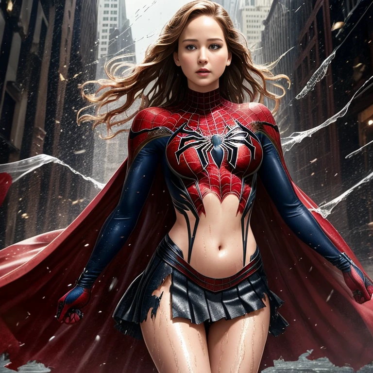 jennifer lawrence、マーベル・コミック映画のPoster, Very beautiful, movies about spiderman, sexy, whole body, I'm wearing a skirt、premiere date, Poster、belly buttonを突き出す、new york、she&#39;s wearing a torn spiderman suit,the suit is torn、Wearing a skirt、 Red and black color scheme,dynamic、masterpiece、highest quality、Ultra-detailed、Very detailed、A delicate and beautiful shine、超A high resolution、Cinematic,Break,Breakdrop,(Torn clothes:1.5), (Wet clothes:1.4), Bare shoulders,Real Rain,Wet Hair,belly button、Exposing Skin、sexyな肩を見せてる