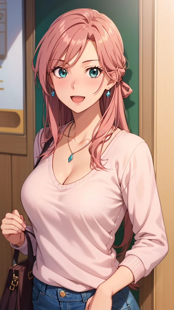 masterpiece, best quality, high resolution, UHD, RTX, pixel perfect, depth of field, 4k, highly detailed, 1 girl, single, solo, beautiful anime girls, beautiful art style, anime characters, long hair, parted bangs, middle part bangs hair, cute hair tie, red hair, green eyes:1.4, round eyes, beautiful eyelashes, realistic eyes, detailed face, blush:1.2, fine texture:0.75, realistic texture:0.65, photorealistic:1.1, CG anime style, color fair, medium breasts, covered cleavage, dynamic angle, perfect body, first point of view, dynamic pose, looking at the viewer, wearing a pink kucu knit sweater, white t-shirt under the sweater, blue jeans, fashionable, single handbag, 1 diamond necklace , cute earrings, warm smile, open mouth, shy, cafeteria, leaning forward