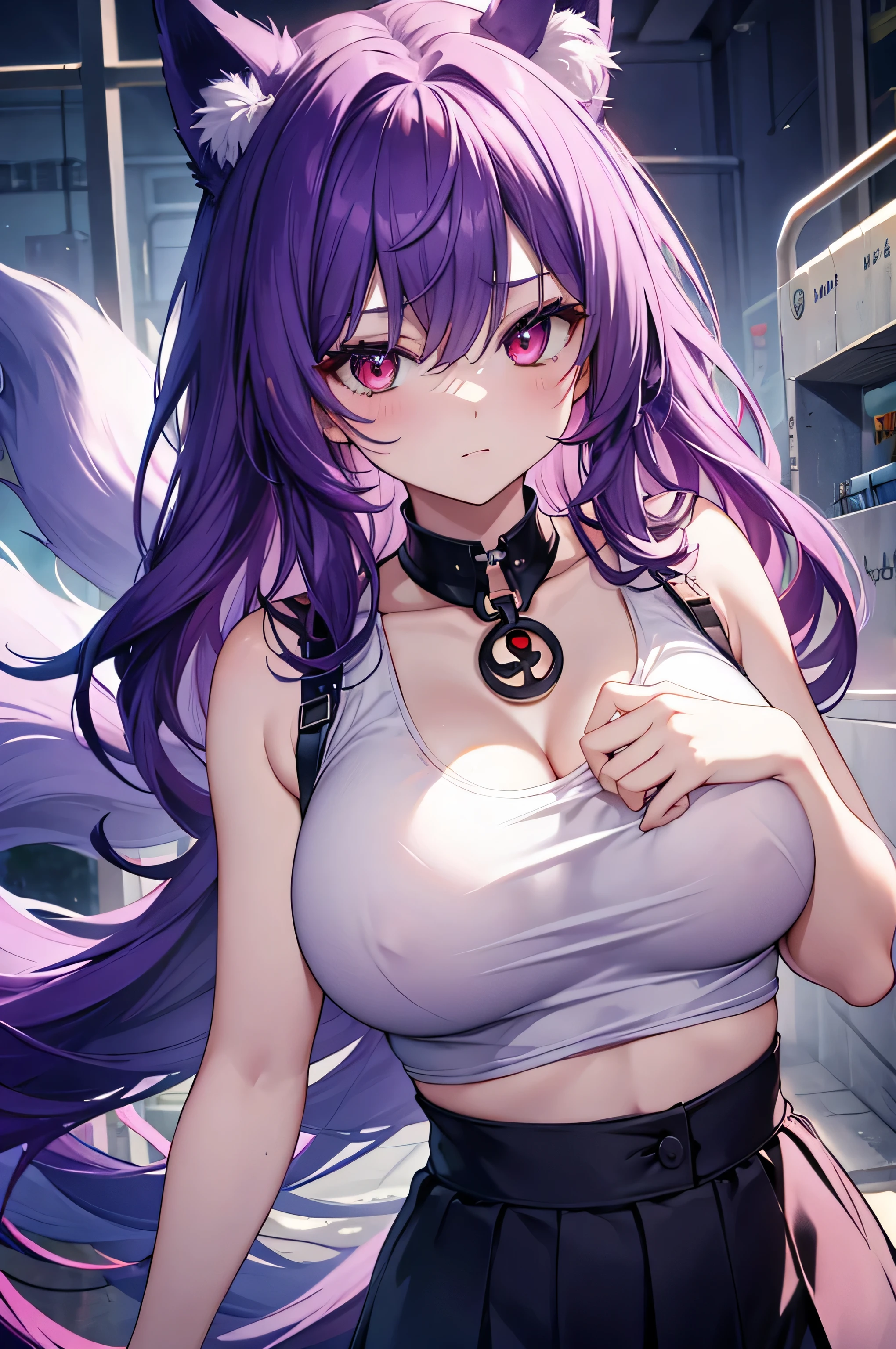 fox girl, big breasts, Voluminous purple hair, masterpiece , red eyes, hd, Head to Chest, buried in my chest、underboob、Tank top