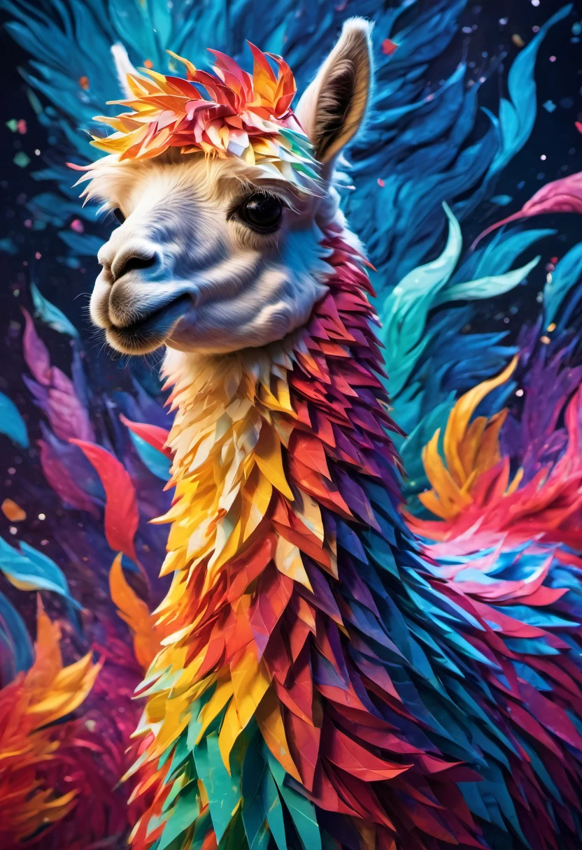 (best quality,4k,8k,highres,masterpiece:1.2),ultra-detailed,realistic,photorealistic:1.37,hdr,studio lighting,sharp focus,professional,vivid colors,bokeh,portraits,colorful color harmony,soft natural lighting,whimsical and vibrant atmosphere,beautifully illustrated stylized characters with intricate details,ethereal and dreamlike background with swirling patterns,twinkling stars,mesmerizing and vibrant celestial colors,dynamic and energetic composition,paper-cut elements to enhance depth and texture,impressive and intricate origami creatures,fantastical explosions of light and color,graceful movements and poses by the Alpaca,narrative storytelling through visual elements,illusion of movement and fluidity,depth and dimension in the artwork,rich color palette inspired by Van Gogh's iconic style,elegant and flowing brushstrokes,emotional and expressive artwork.