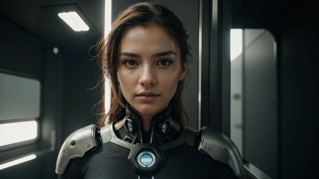 High Definition Character, ultra hd, 16:9, 8k, A woman of average height, com cerca de 1,70m de altura, your hair is long, de um tom castanho-avermelhado, His eyes are the color of honey, She has an athletic and toned appearance, Your face is marked by determined and expressive features, highlighting his courage and intelligence, has a magnetic presence. (Melhor qualidade), (obra de arte), (detalhado), rosto perfeito, corpo inteiro, Imagine female cyberpunk futuristic concept art with advanced nanotechnology that allows her to merge with the very fabric of the cyberpunk cityscape, Use um elegante, design futurista para capturar a natureza evolutiva da tecnologia e da humanidade, High definition character.
