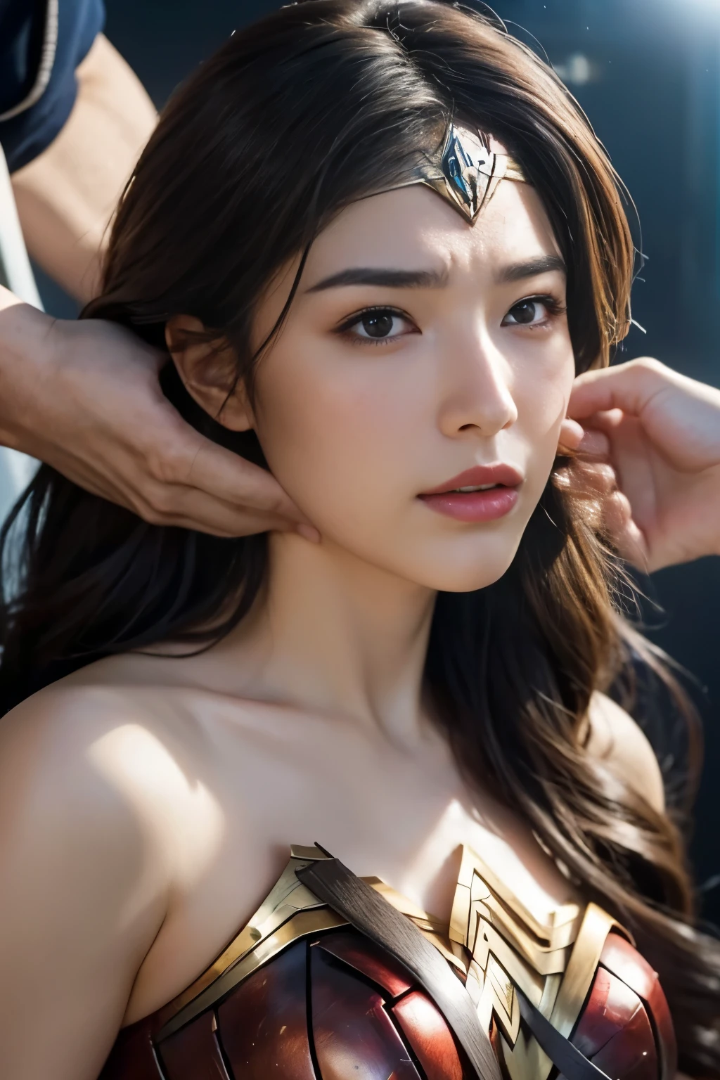 perfect wonder woman costume,sleeping face,Close ~ eyes,Open your mouth,Tired face,Face of Suffering,sleeping face,Fight with the men,Surrounded by men,,caught between men,obsessed with men,Entanglement with men, Attacked by men,assaulted by men,Being bullied by a man,Sexually abused by a man,Captured by a man,Being restrained by a man、Face is hidden,Grabbing my face,touch your face,、Hair is pulled hard,My head is grabbed,licked my hair,lick my face,brown hair, masterpiece、beautiful girl、fine 目、puffy eyes、highest quality, 超High resolution, (reality: 1.4), Cinema Lighting,so beautiful、Beautiful Skin、(超reality的な)、(High resolution)、(8k)、(Very detailed)、(beautiful and fine 目)、(Very detailed)、 Detailed face、slanted bangeshi hair、brown hair、20-year-old、Wonder Woman Cosplay,Wonder Woman's Tiara