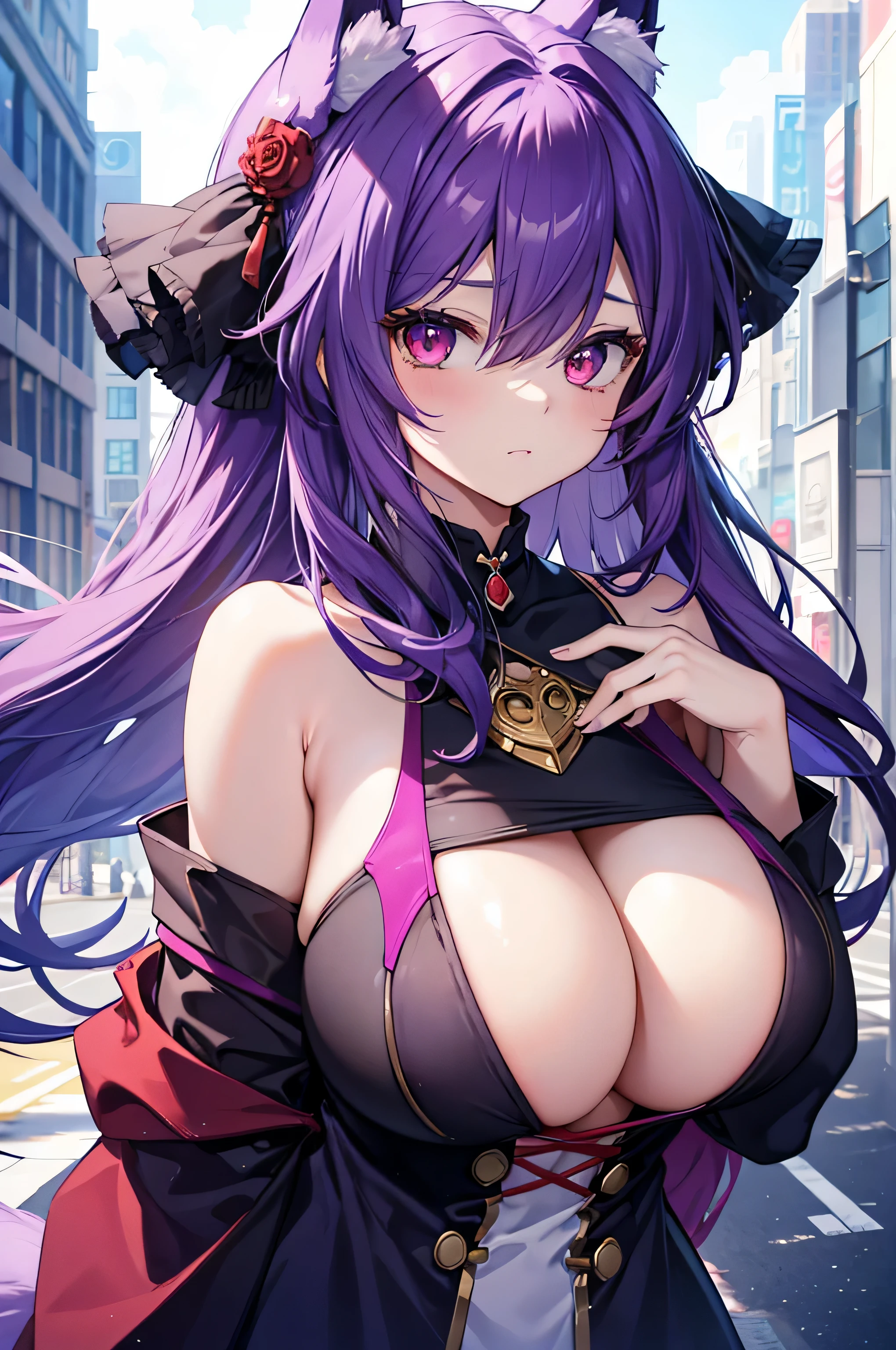 Fox Girl, Large Breasts, Purple Hair, masterpiece , Red eyes, hd, Head to Chest, buried in my chest、Underhorts