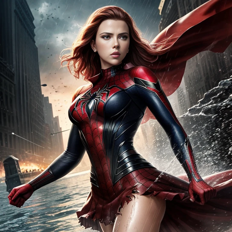 scarlett johansson、マーベル・コミック映画のPoster, Very beautiful, movies about spiderman, sexy, whole body, I'm wearing a skirt、premiere date, Poster、belly buttonを突き出す、new york、she&#39;s wearing a torn spiderman suit,the suit is torn、Wearing a skirt、 Red and black color scheme,dynamic、masterpiece、highest quality、Ultra-detailed、Very detailed、A delicate and beautiful shine、超A high resolution、Cinematic,Break,Breakdrop,(Torn clothes:1.5), (Wet clothes:1.4), Bare shoulders,Real Rain,Wet Hair,belly button、Exposing Skin、sexyな肩を見せてる