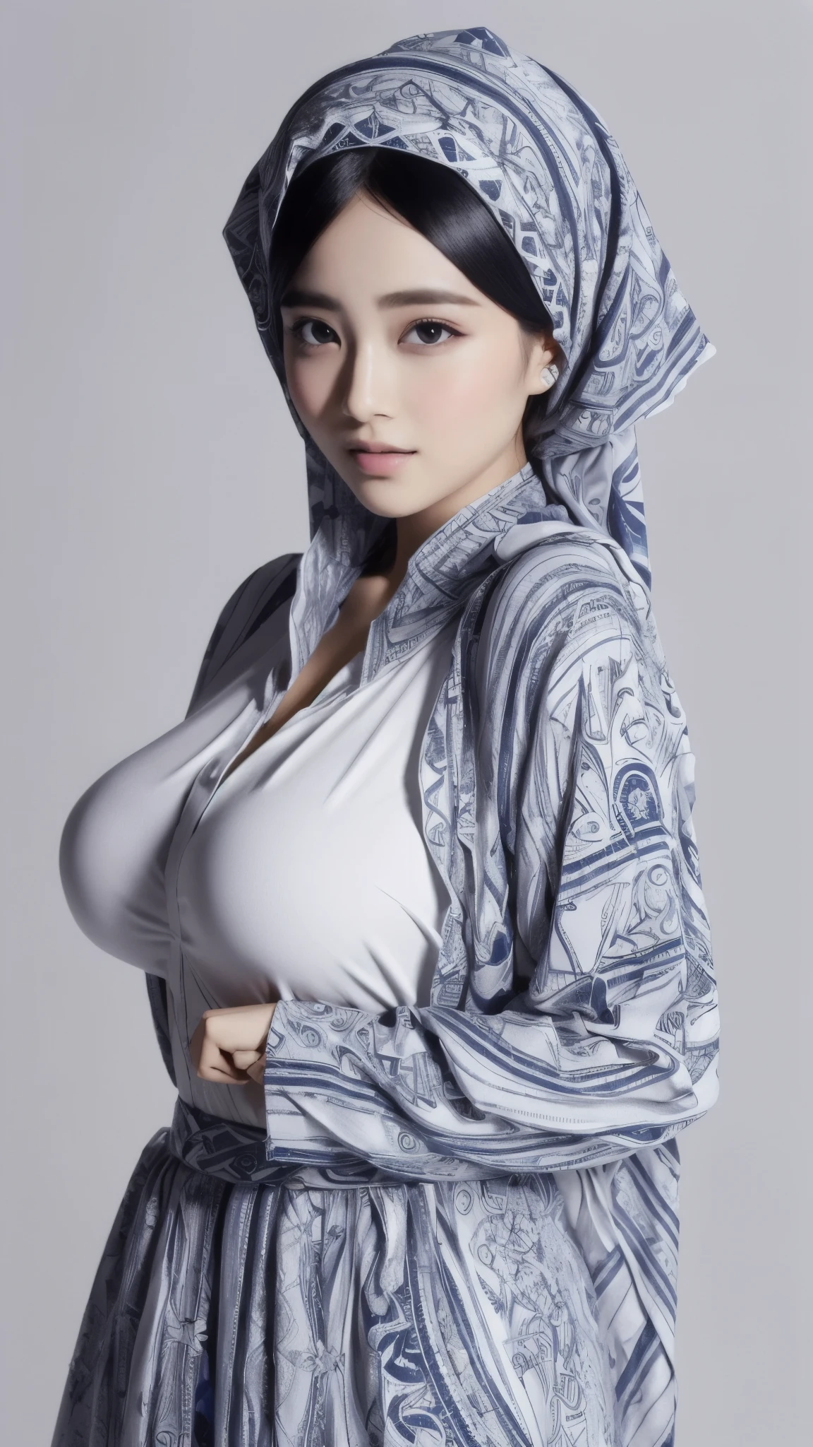Highly detailed CG Unity 8K wallpaper, showcasing the highest quality and realism, meticulously crafted into a masterpiece, presenting a superbly detailed Hijab girl, age 16, adorned in perfect Islamic Clothing, the intricacies of her tight hijab and abaya accentuated through a depth of field of 1.3. With a focus on her front body, she boasts an exquisitely sculpted figure - a full, voluptuous bust, and a slim, plump waist. Given permission, she playfully lifts her skirt herself, revealing a tantalizing peek at her panties, accompanied by a blush and split lips