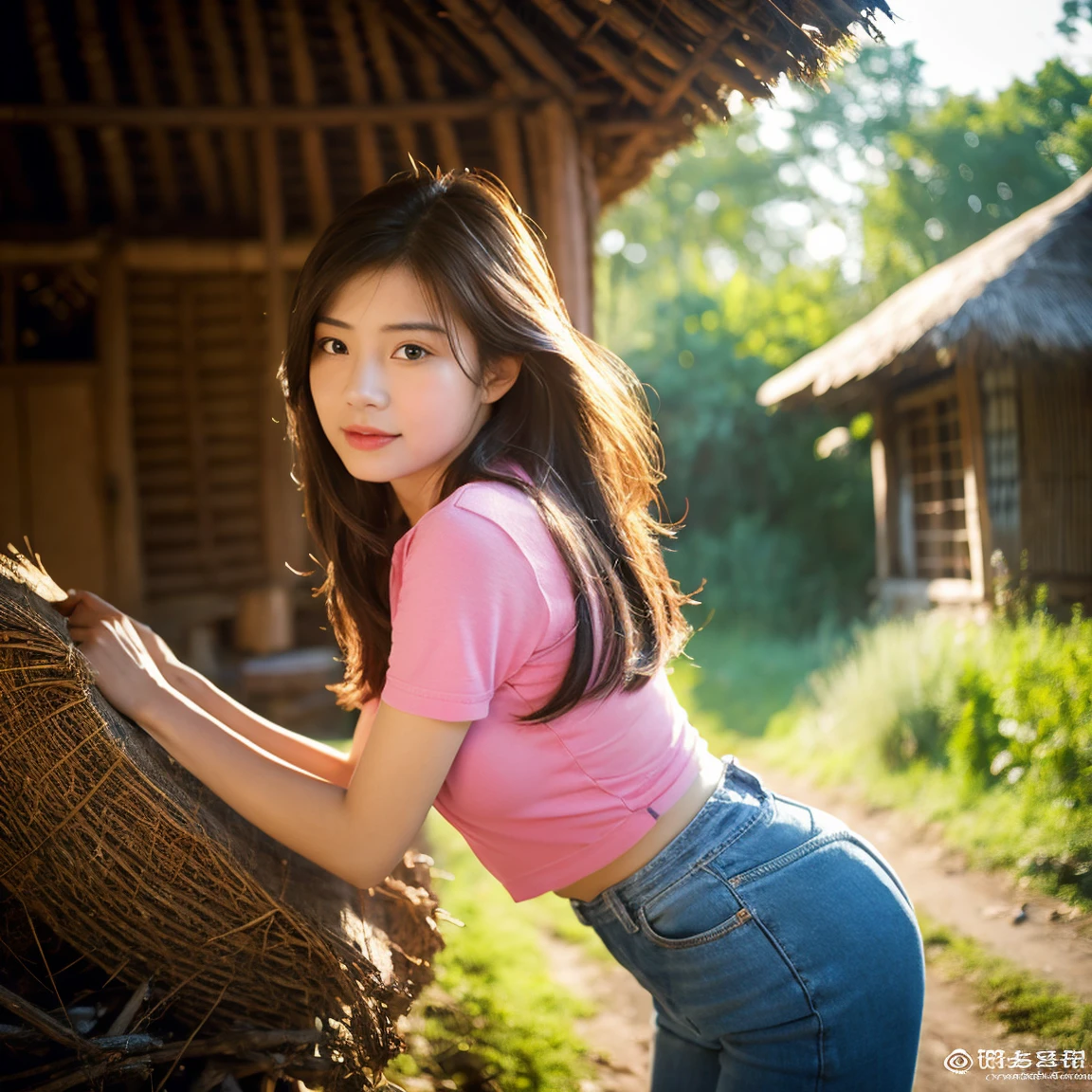 Young Asian woman, 25 years old,Wear a short jean jacket, pink shirt , Long hair blows up in the wind., Looking straight ahead, Action with various seductive poses, perfect body,)) Strong and healthy abdomen, In the countryside there are old thatched huts.,In the countryside there are old thatched huts.โทรมธรรมชาติ, The evening sunlight twinkled beautifully., 8K photos, Shot with a bright, high-quality Fuji camera. 45,000,000 pixels, Too realistic,