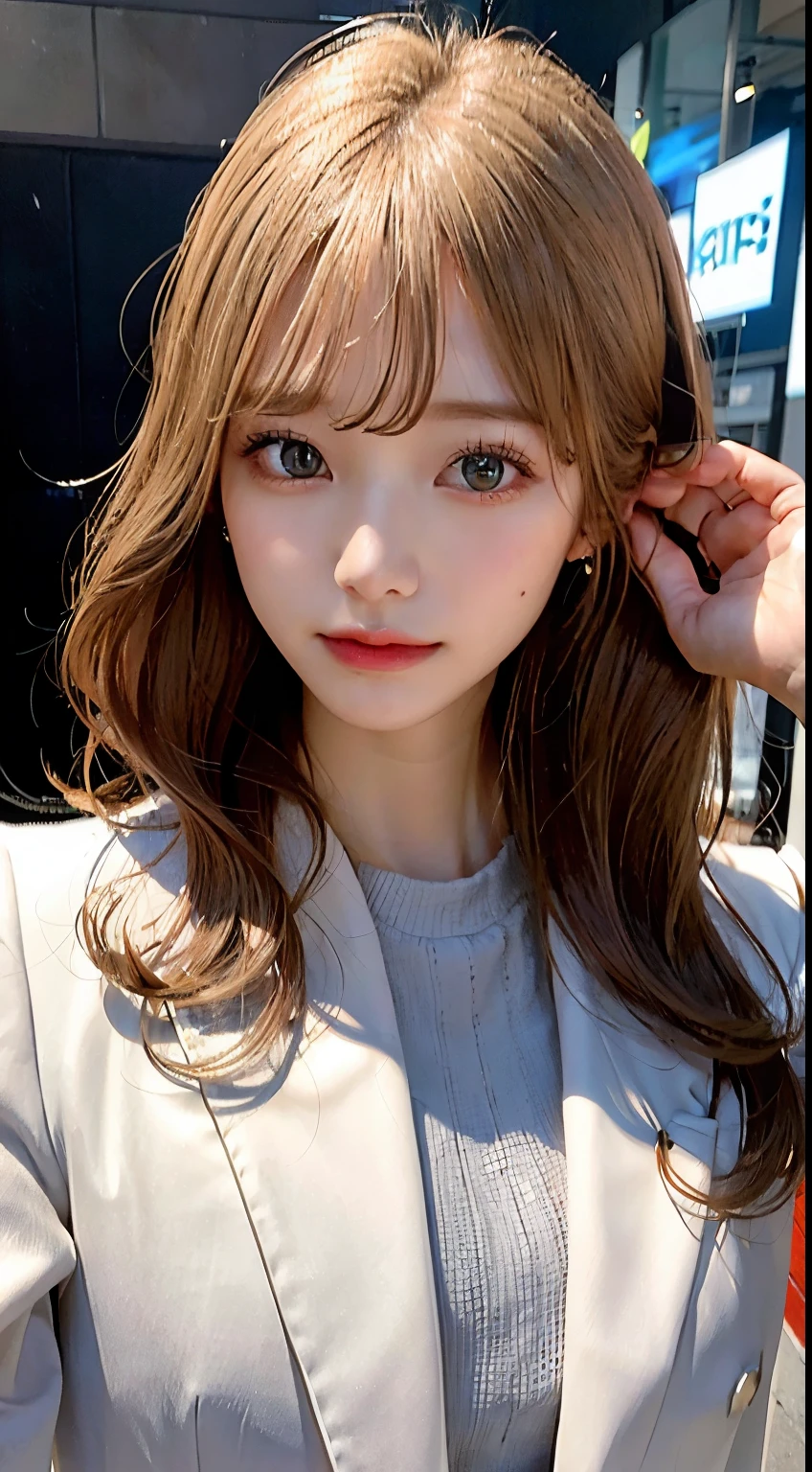 Miss, a fashion model, wear a suit, charm, The paparazzi took pictures of her, Blonde hair, Brown eyes, 8k, high quality, masterpiece, best quality, HD, Extremely detailed, Volumetric Lighting, Reality