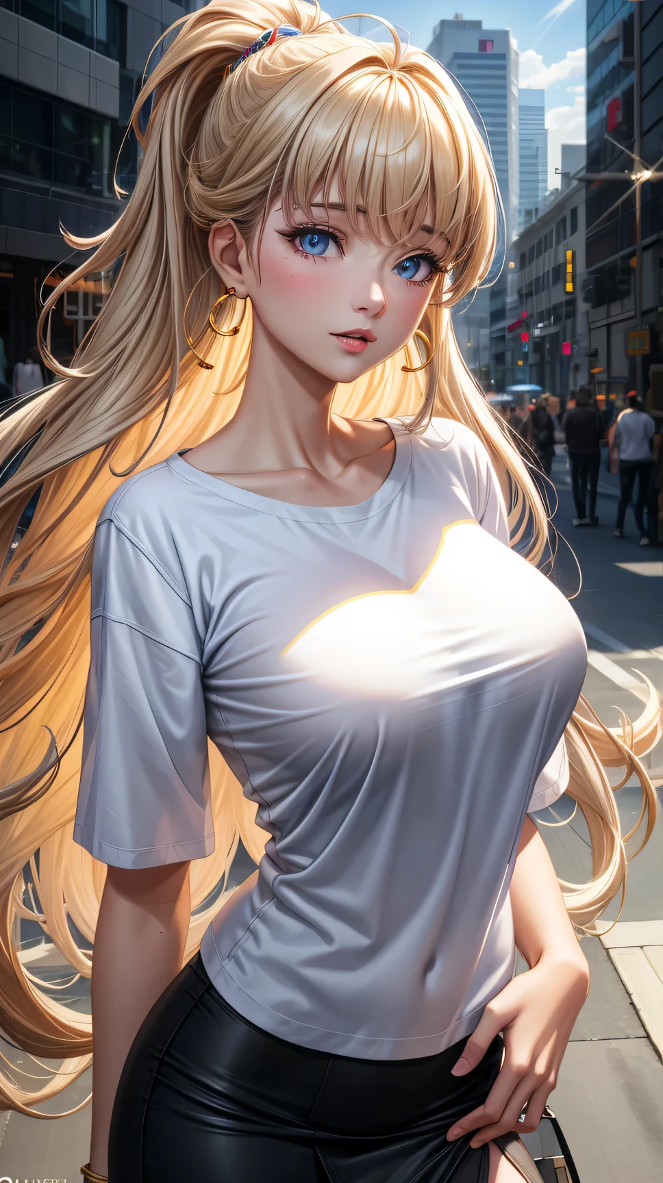 (best quality:1.5, highres, UHD, 4Kj, detailed lighting, shaders), high quality eyes, perfect finger, white curly haired, gradient hair, large breasts, suit, gray shirt, black T-shirt, social shirt, short skirt, mature woman , (pov), white background, colorful eyeshadow, dramatic lighting, sparkling eyes, sensual expression, golden earrings, flowing hair, delicate facial features, yellow skin, high cheekbones, urban setting, white background, look the camera,  behind  the camera