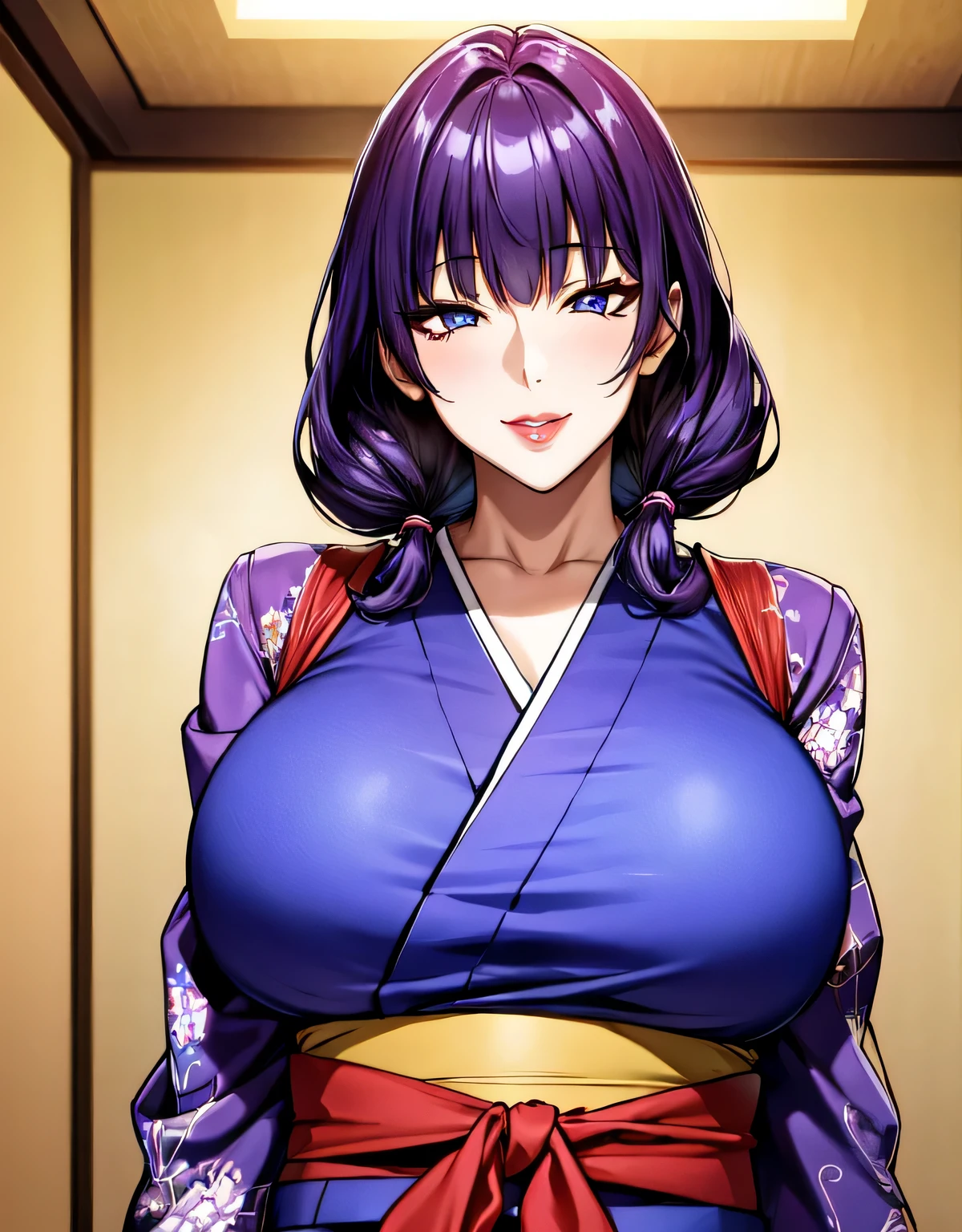 (large breasts:1.5),(shiny,hair),((solo)),((masterpiece)),((best quality)),perfect anatomy,slim waist,perfect image,8k UHD,(beautiful detailed eyes:1.5),extremely detailed face,standing,(upper body:1.3),(look at the front:1.5),arms behindback,ultra-detailed,absurdres,highres,(Purple hair),((blunt bangs)),indoor room,((sensitive smile)),(long hair:1.6),(shiny Purple kimono),mature female,sexy mature women,30 years-old,erotic lips,