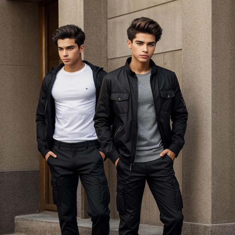Boy, teenager, 17 years old, cabelos pretos, olhos, castanhos, black cargo pants, With the face of Igor Jansen