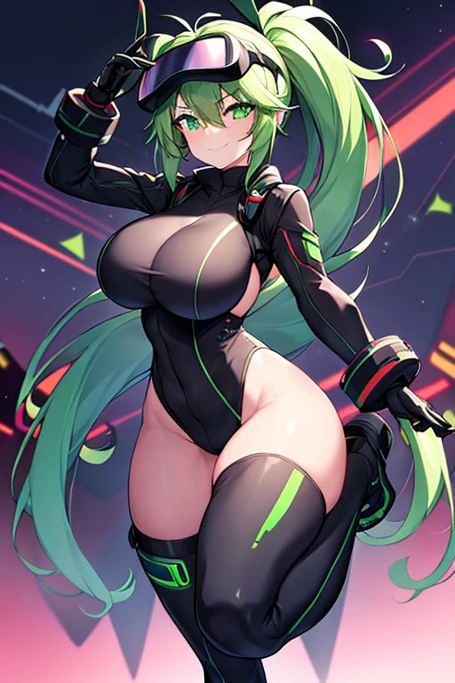 1girl, green hair, vr visors, visors, head-mounted display, ((covered eyes)), covered eyes, bodysuit, black bodysuit, science-fiction, machinery, futuristic, tech, neon, neon trim, large breasts, swaying hips, hip sway, sway, arms behind back, arms up, smile, ((bouncing breasts)), bouncing breasts, standing, full body, ((full_body))