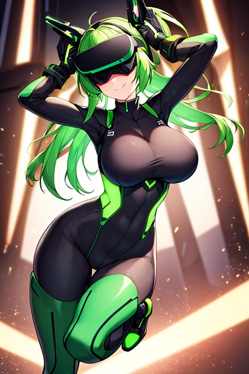 1girl, green hair, vr visors, visors, head-mounted display, ((covered eyes)), covered eyes, , black , science-fiction, machinery, futuristic, tech, neon, neon trim, , swaying , hip sway, sway, arms behind back, arms up, smile, ((bouncing )), bouncing , standing, full body, ((full_body))