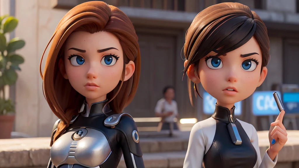 High Definition Character, ultra hd, 16:9, 8k, A woman of average height, com cerca de 1,70m de altura, your hair is long, de um tom castanho-avermelhado, His eyes are the color of honey, She has an athletic and toned appearance, Your face is marked by determined and expressive features, highlighting his courage and intelligence, has a magnetic presence. (Melhor qualidade), (obra de arte), (detalhado), rosto perfeito, corpo inteiro, Imagine female cyberpunk futuristic concept art with advanced nanotechnology that allows her to merge with the very fabric of the cyberpunk cityscape, Use um elegante, design futurista para capturar a natureza evolutiva da tecnologia e da humanidade, High definition character.