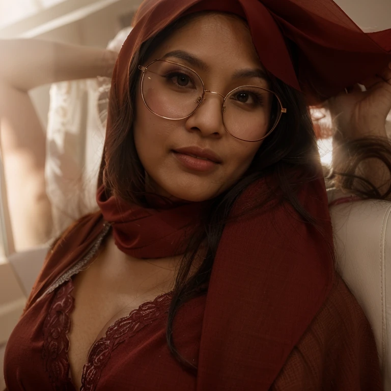 a close up of a woman wearing glasses and a red scarf, malaysian, with beautiful exotic, sie boob, gorgeous lady, 3 0 years old woman, 30 years old woman, lovely woman, 2 8 years old, 2 7 years old, cute woman, busty, 2 9 years old, hijab, large breast, beautiful girlfriend, gorgeous woman