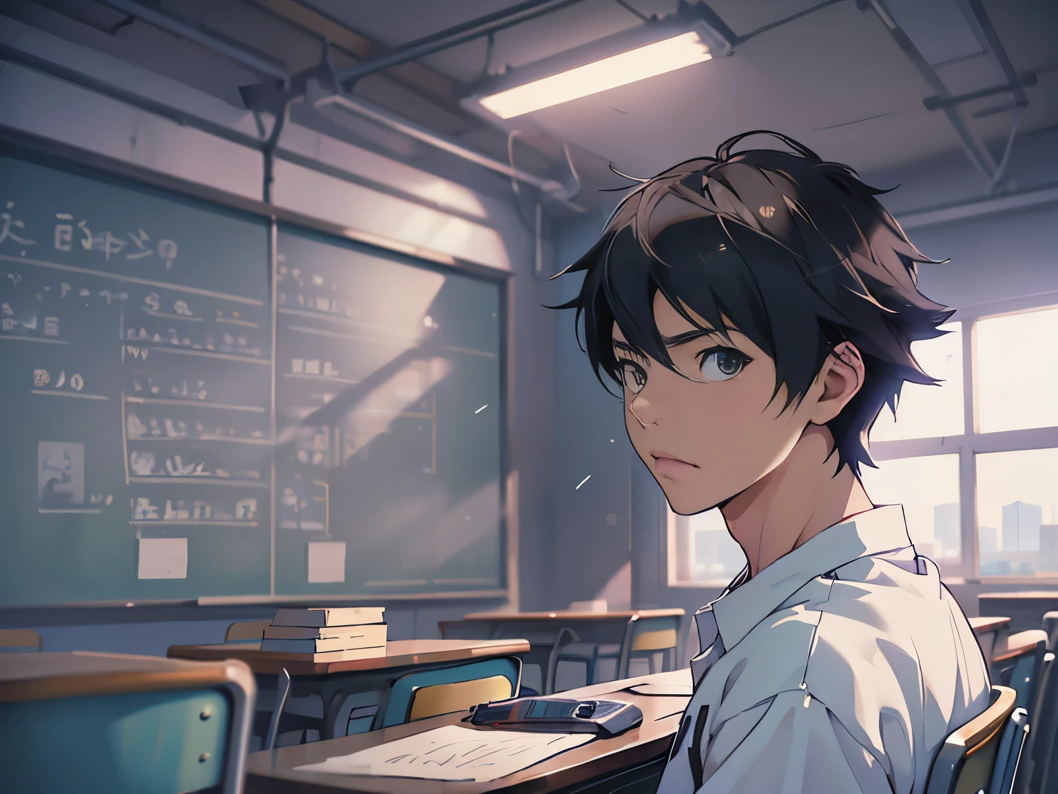 Un personaje de anime sentado en una silla, Un chico de secundaria en un aula escolar, un hombre vestido con una camiseta blanca, The background is inside the classroom, sentado en un taburete, The camera is mainly the upper part of the body, (dollars flying in the air 2.2, dinero volando a su alrededor) (1.5), loepfe's artistic style, ((makoto shinkai)), popular en cgstation, makoto shinkai. —h 2160, Loepfe Aesthetics, Loepfe, inspirado en Bian Shoumin, Loepfe hip hop, shinkai makoto, Planificado, estilo guvitz, alta calidad, 4k, 8k, resolution,