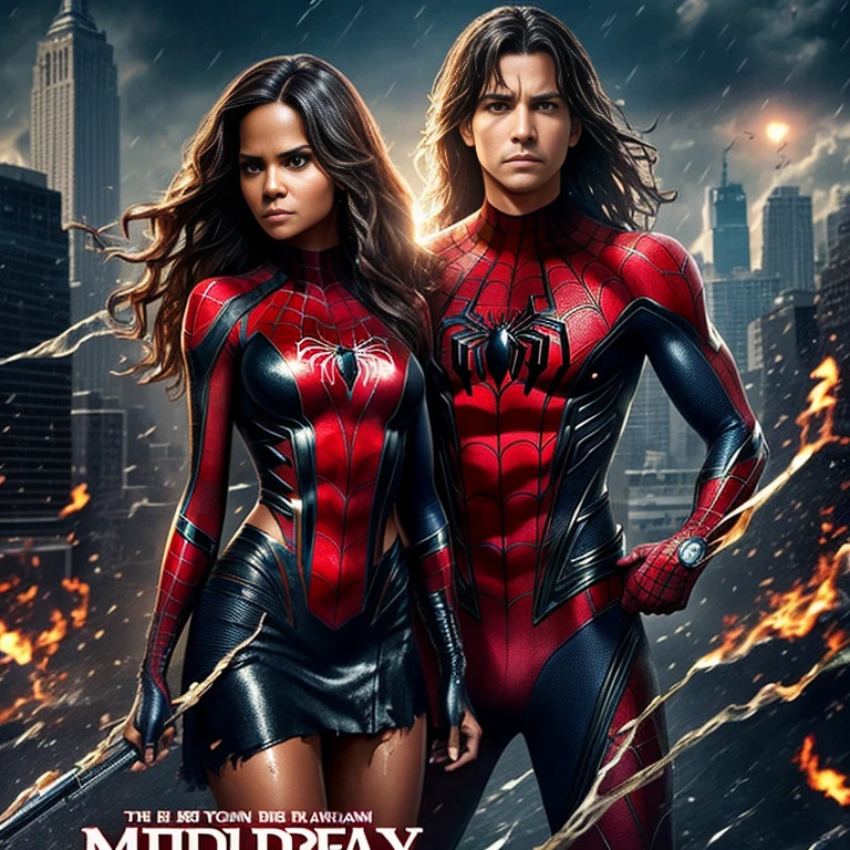 Halle Berry、マーベル・コミック映画のPoster, Very beautiful, movies about spiderman, sexy, whole body, I'm wearing a skirt、premiere date, Poster、belly buttonを突き出す、new york、she's wearing a torn spiderman suit,the suit is torn、Wearing a skirt、 Red and black color scheme,dynamic、masterpiece、highest quality、Ultra-detailed、Very detailed、A delicate and beautiful shine、超A high resolution、Cinematic,Break,Breakdrop,(Torn clothes:1.5), (Wet clothes:1.4), Bare shoulders,Real Rain,Wet Hair,belly button、Exposing Skin、sexyな肩を見せてる