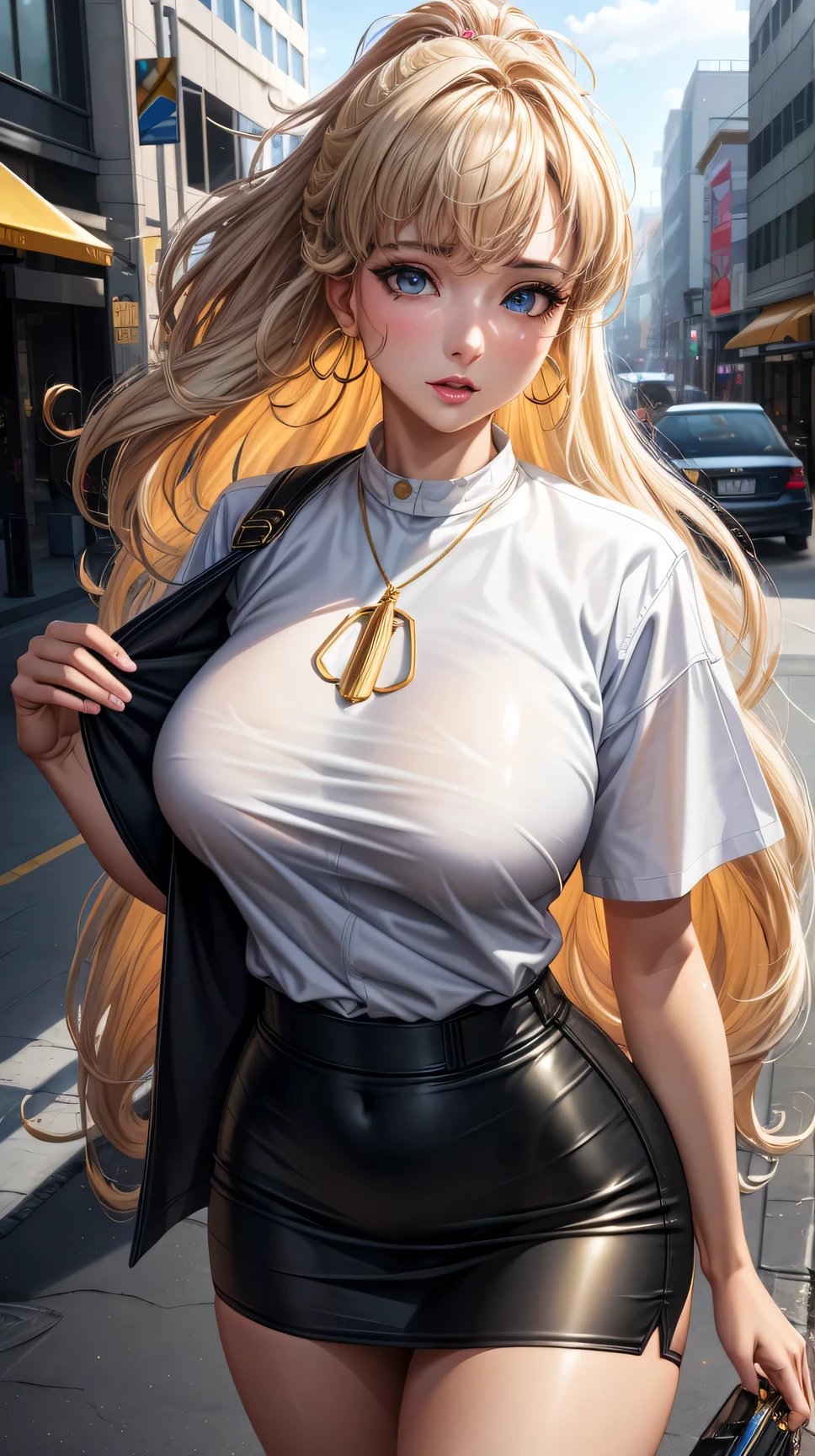 (best quality:1.5, highres, UHD, 4Kj, detailed lighting, shaders), high quality eyes, perfect finger, white curly haired, gradient hair, large breasts, suit, gray shirt, black T-shirt, social shirt, short skirt, mature woman , (pov), white background, colorful eyeshadow, dramatic lighting, sparkling eyes, sensual expression, golden earrings, flowing hair, delicate facial features, yellow skin, high cheekbones, urban setting, white background, look the camera,  behind  the camera