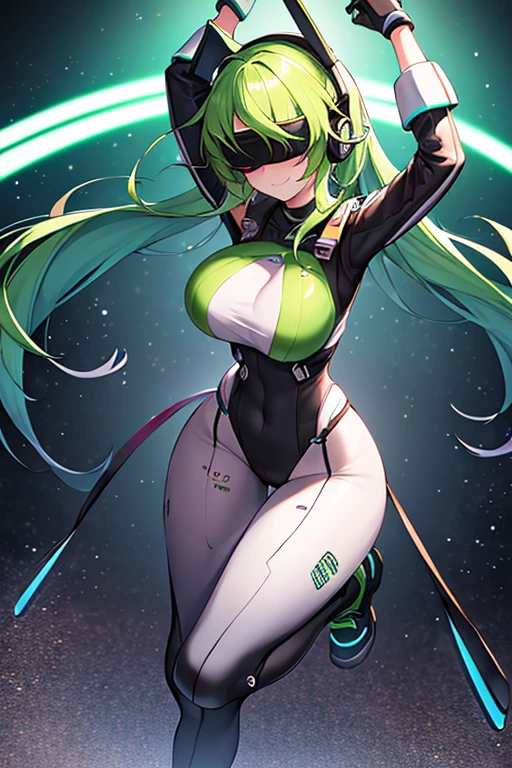 1girl, large breasts, breasts, thick thighs, green hair, bikini, black bikini, smirk, smile, futuristic, science-fiction, tech, neon trim, machinery, short hair, headset, helmet, head-mounted device, mind control, hypnosis, covered eyes, jackopose, bottom-up, top-down, full_bofy, ((full body)), high heels, long legs,